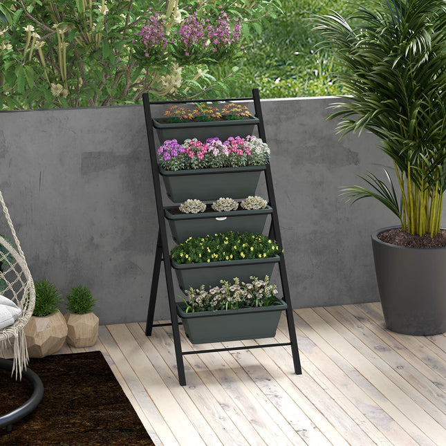 5 Tier Vertical Raised Garden Planter with 5 Grey Pots for Outdoor Growing - Grey