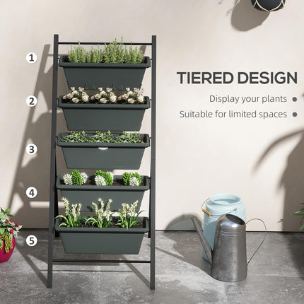 5 Tier Vertical Raised Garden Planter with 5 Grey Pots for Outdoor Growing - Grey