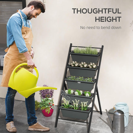 5 Tier Vertical Raised Garden Planter with 5 Grey Pots for Outdoor Growing - Grey