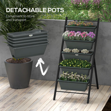 5 Tier Vertical Raised Garden Planter with 5 Grey Pots for Outdoor Growing - Grey