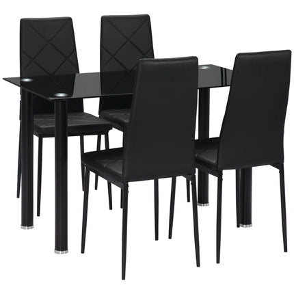 Modern 5-Piece Dining Table Set for 4 with Rectangle Glass Table and Steel Frame - Black