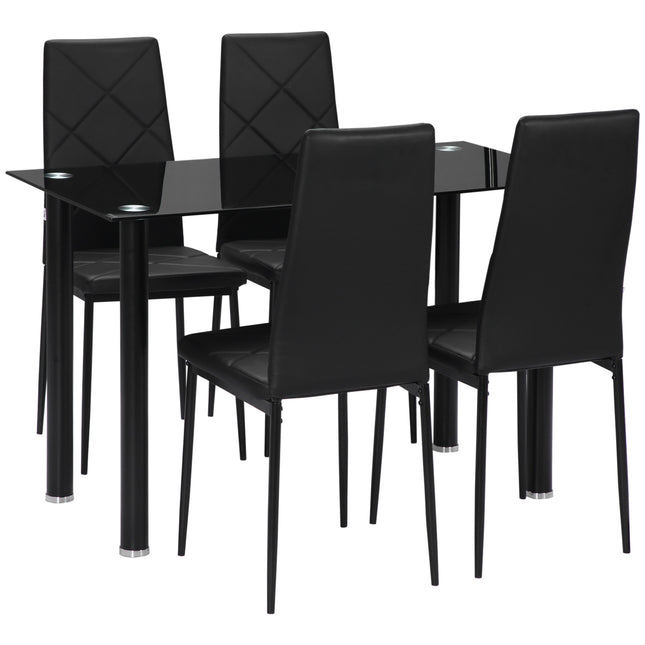 Modern 5-Piece Dining Table Set for 4 with Rectangle Glass Table and Steel Frame - Black