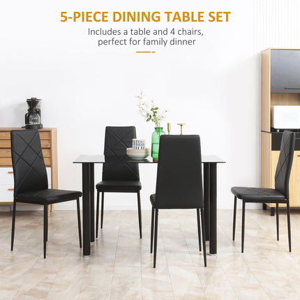 Modern 5-Piece Dining Table Set for 4 with Rectangle Glass Table and Steel Frame - Black