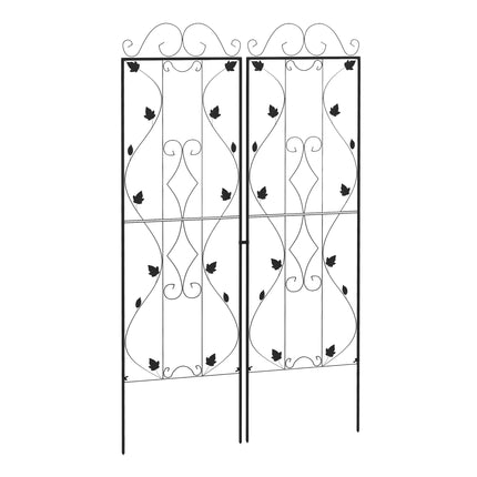 Set of 2 Metal Garden Trellis Panels 181x50cm Leaf Design with Ground Spikes - Black