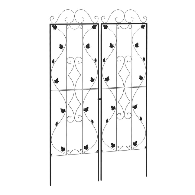 Set of 2 Metal Garden Trellis Panels 181x50cm Leaf Design with Ground Spikes - Black
