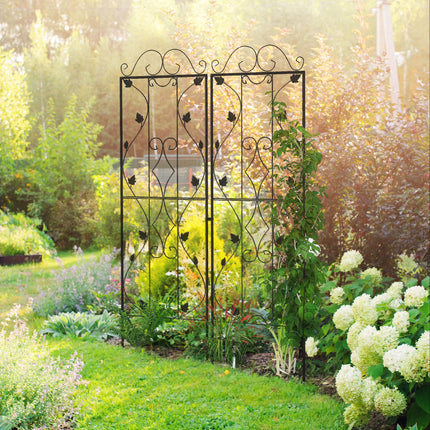 Set of 2 Metal Garden Trellis Panels 181x50cm Leaf Design with Ground Spikes - Black