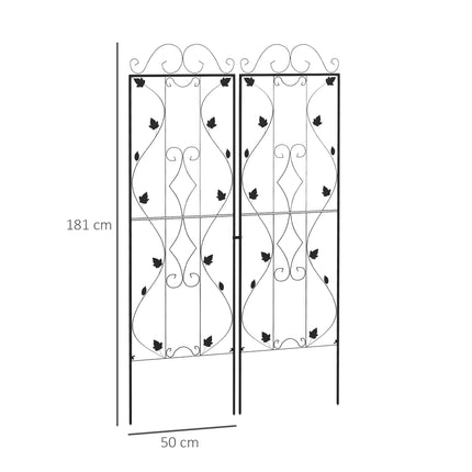 Set of 2 Metal Garden Trellis Panels 181x50cm Leaf Design with Ground Spikes - Black