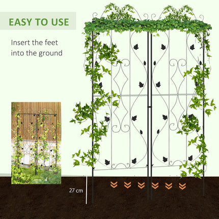 Set of 2 Metal Garden Trellis Panels 181x50cm Leaf Design with Ground Spikes - Black
