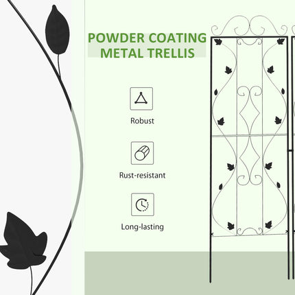 Set of 2 Metal Garden Trellis Panels 181x50cm Leaf Design with Ground Spikes - Black