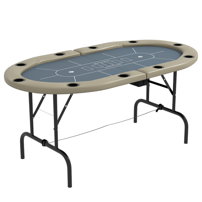 10 Player Folding Poker Table with Cup Holders and Cushion Edge - Brown and Blue