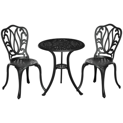 3 Piece Cast Aluminium Garden Bistro Set with Umbrella Hole for Balcony, Porch, Patio - Black