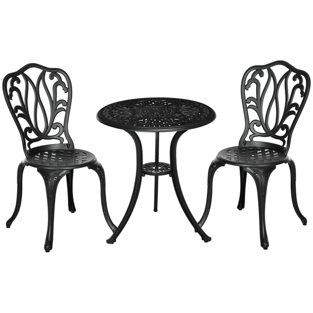 3 Piece Cast Aluminium Garden Bistro Set with Umbrella Hole for Balcony, Porch, Patio - Black