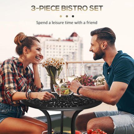 3 Piece Cast Aluminium Garden Bistro Set with Umbrella Hole for Balcony, Porch, Patio - Black