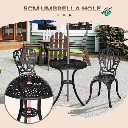 3 Piece Cast Aluminium Garden Bistro Set with Umbrella Hole for Balcony, Porch, Patio - Black