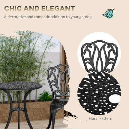 3 Piece Cast Aluminium Garden Bistro Set with Umbrella Hole for Balcony, Porch, Patio - Black