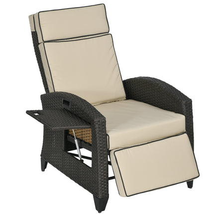 Outdoor Recliner Chair with Adjustable Backrest, Footrest, Cushion & Side Tray - Brown