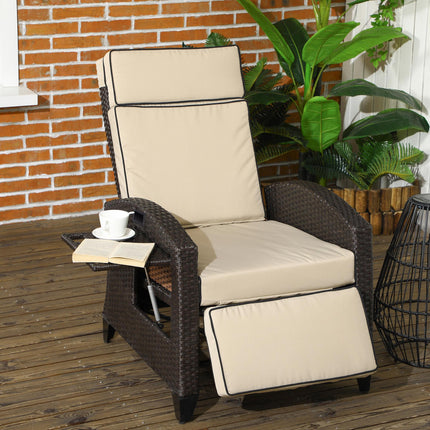 Outdoor Recliner Chair with Adjustable Backrest, Footrest, Cushion & Side Tray - Brown