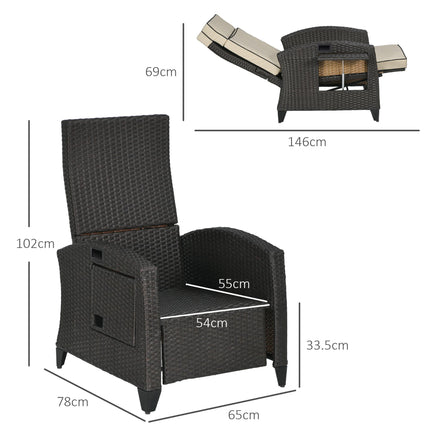 Outdoor Recliner Chair with Adjustable Backrest, Footrest, Cushion & Side Tray - Brown