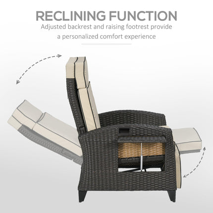 Outdoor Recliner Chair with Adjustable Backrest, Footrest, Cushion & Side Tray - Brown
