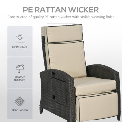 Outdoor Recliner Chair with Adjustable Backrest, Footrest, Cushion & Side Tray - Brown
