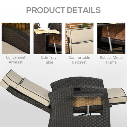 Outdoor Recliner Chair with Adjustable Backrest, Footrest, Cushion & Side Tray - Brown