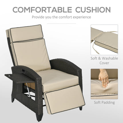 Outdoor Recliner Chair with Adjustable Backrest, Footrest, Cushion & Side Tray - Brown