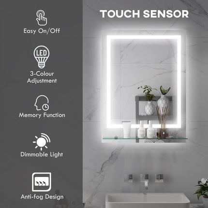 LED Bathroom Mirror with Adjustable Lighting, Anti-Fog Function & Shelf - Silver