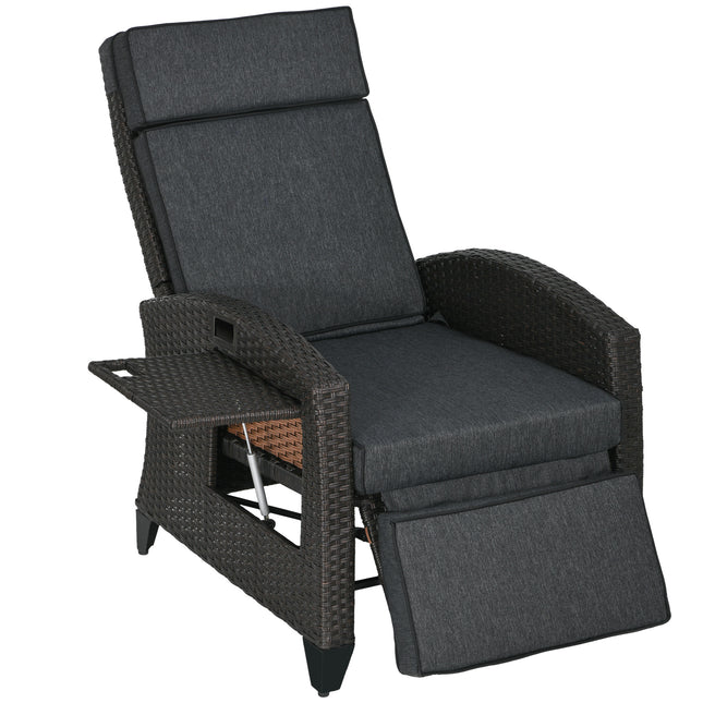 Outdoor Recliner Chair with Adjustable Backrest, Footrest, Cushion & Side Tray - Grey