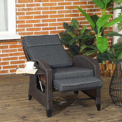 Outdoor Recliner Chair with Adjustable Backrest, Footrest, Cushion & Side Tray - Grey