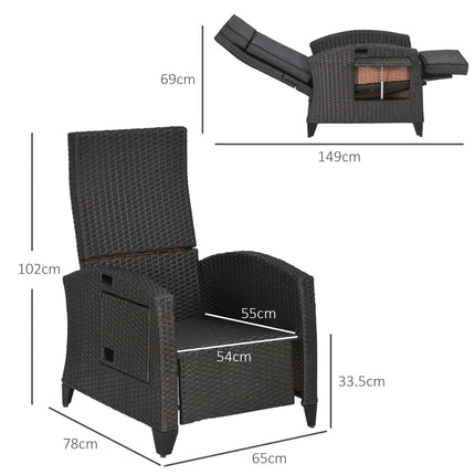 Outdoor Recliner Chair with Adjustable Backrest, Footrest, Cushion & Side Tray - Grey