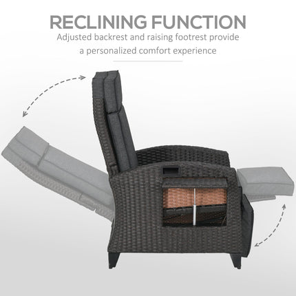 Outdoor Recliner Chair with Adjustable Backrest, Footrest, Cushion & Side Tray - Grey