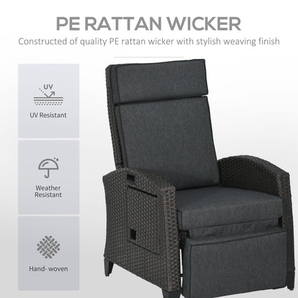Outdoor Recliner Chair with Adjustable Backrest, Footrest, Cushion & Side Tray - Grey