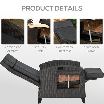 Outdoor Recliner Chair with Adjustable Backrest, Footrest, Cushion & Side Tray - Grey
