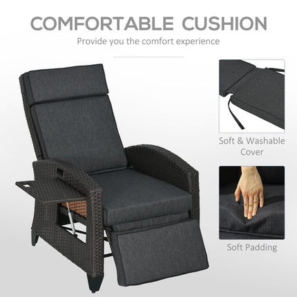 Outdoor Recliner Chair with Adjustable Backrest, Footrest, Cushion & Side Tray - Grey