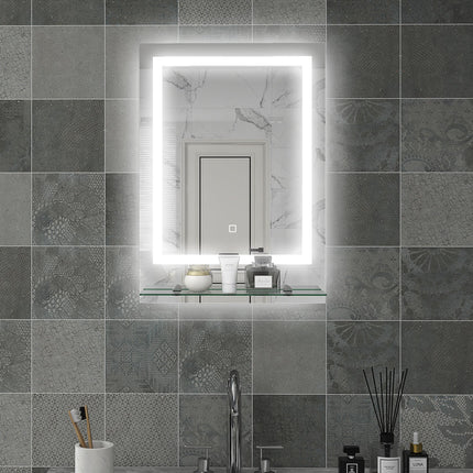 LED Bathroom Mirror with Touch Control, Anti-Fog & Shelf - Silver