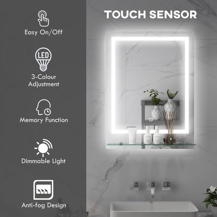 LED Bathroom Mirror with Touch Control, Anti-Fog & Shelf - Silver