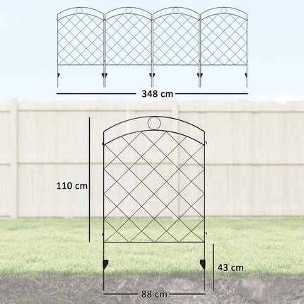 Set of 4 Steel Decorative Outdoor Picket Fence Panels 3.5m Length - Black