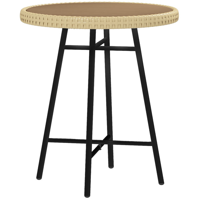 PE Rattan Side Table with Plastic Wood Top and Steel Legs - Natural Wood Finish