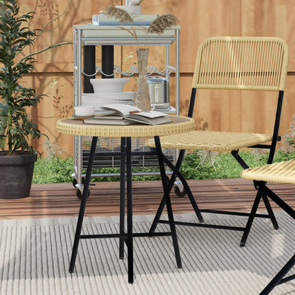 PE Rattan Side Table with Plastic Wood Top and Steel Legs - Natural Wood Finish