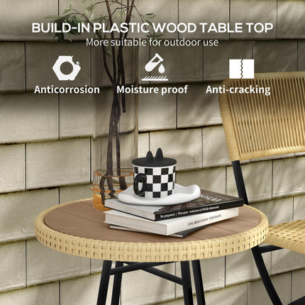 PE Rattan Side Table with Plastic Wood Top and Steel Legs - Natural Wood Finish