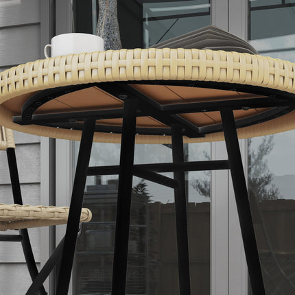 PE Rattan Side Table with Plastic Wood Top and Steel Legs - Natural Wood Finish