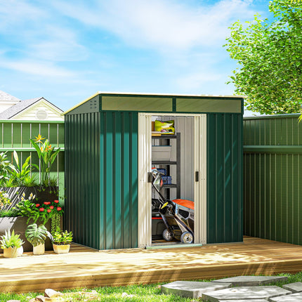 6.5 x 4FT Galvanised Metal Garden Shed with Lockable Double Sliding Doors - Green