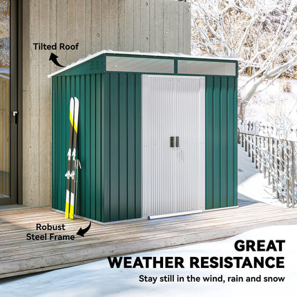 6.5 x 4FT Galvanised Metal Garden Shed with Lockable Double Sliding Doors - Green
