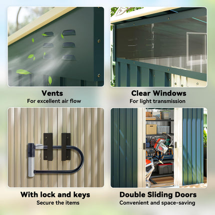 6.5 x 4FT Galvanised Metal Garden Shed with Lockable Double Sliding Doors - Green