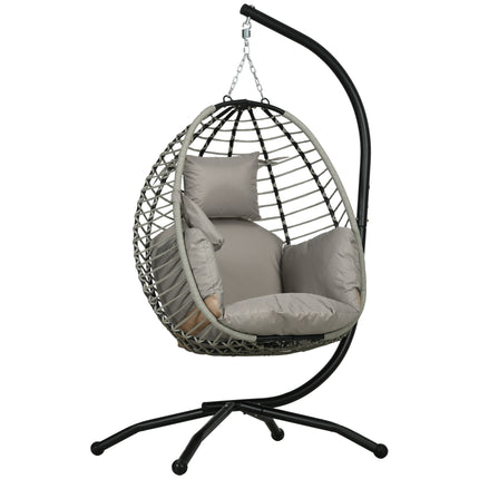 Outdoor Egg Swing Chair with Padded Cushion and Foldable Metal Stand - Grey