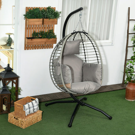 Outdoor Egg Swing Chair with Padded Cushion and Foldable Metal Stand - Grey
