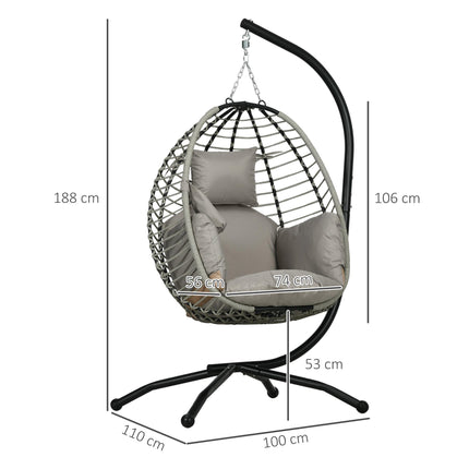 Outdoor Egg Swing Chair with Padded Cushion and Foldable Metal Stand - Grey