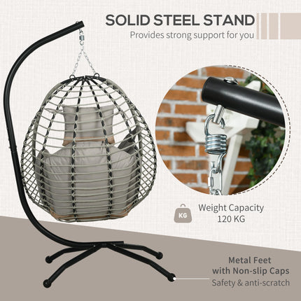 Outdoor Egg Swing Chair with Padded Cushion and Foldable Metal Stand - Grey