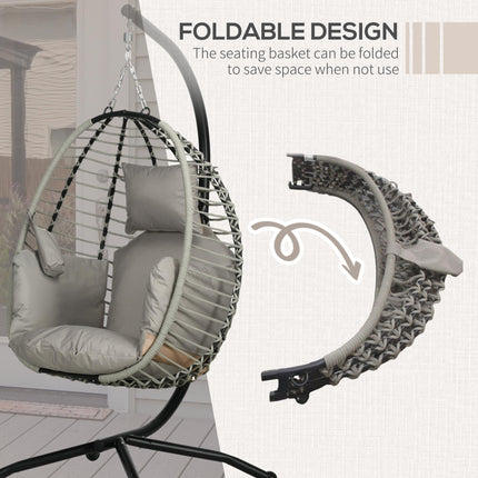 Outdoor Egg Swing Chair with Padded Cushion and Foldable Metal Stand - Grey