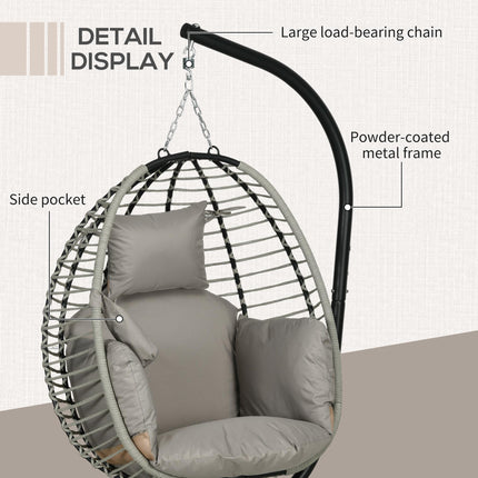 Outdoor Egg Swing Chair with Padded Cushion and Foldable Metal Stand - Grey
